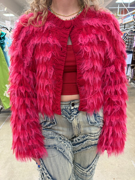 Pre Order: Pink&Red Fuzzy Knitted Jacket