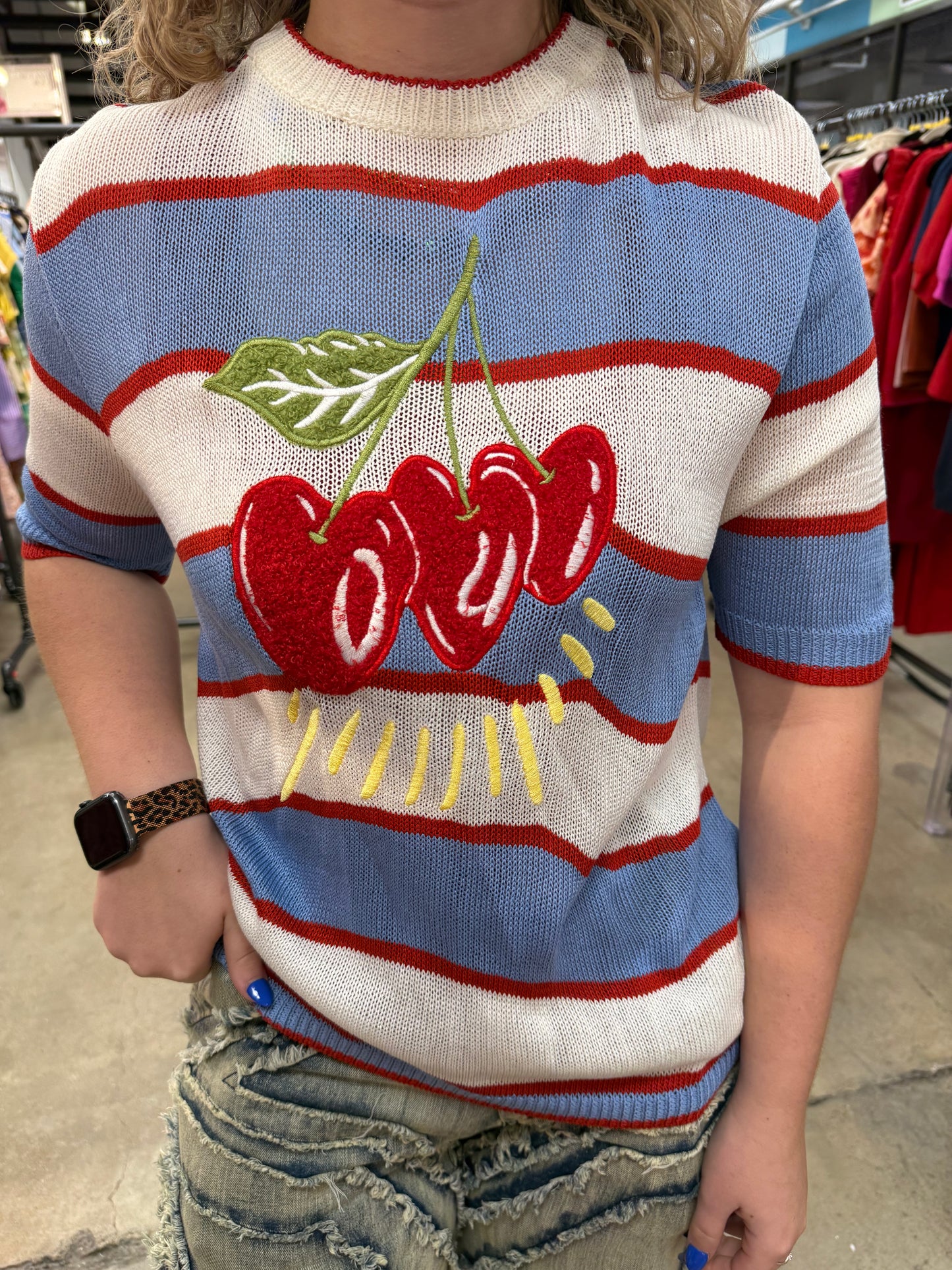 Red & Blue Striped Cherry Sweater