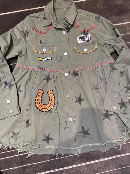 Army Green Star Jacket With Patches