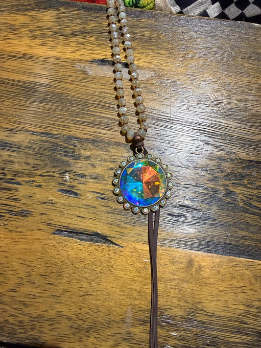 Beaded Bling Leather Necklace (tan)