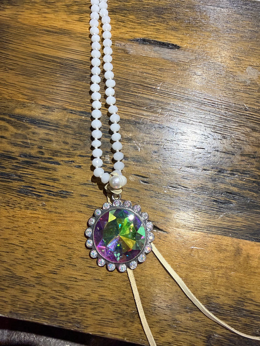 Beaded Bling Leather Necklace (white)