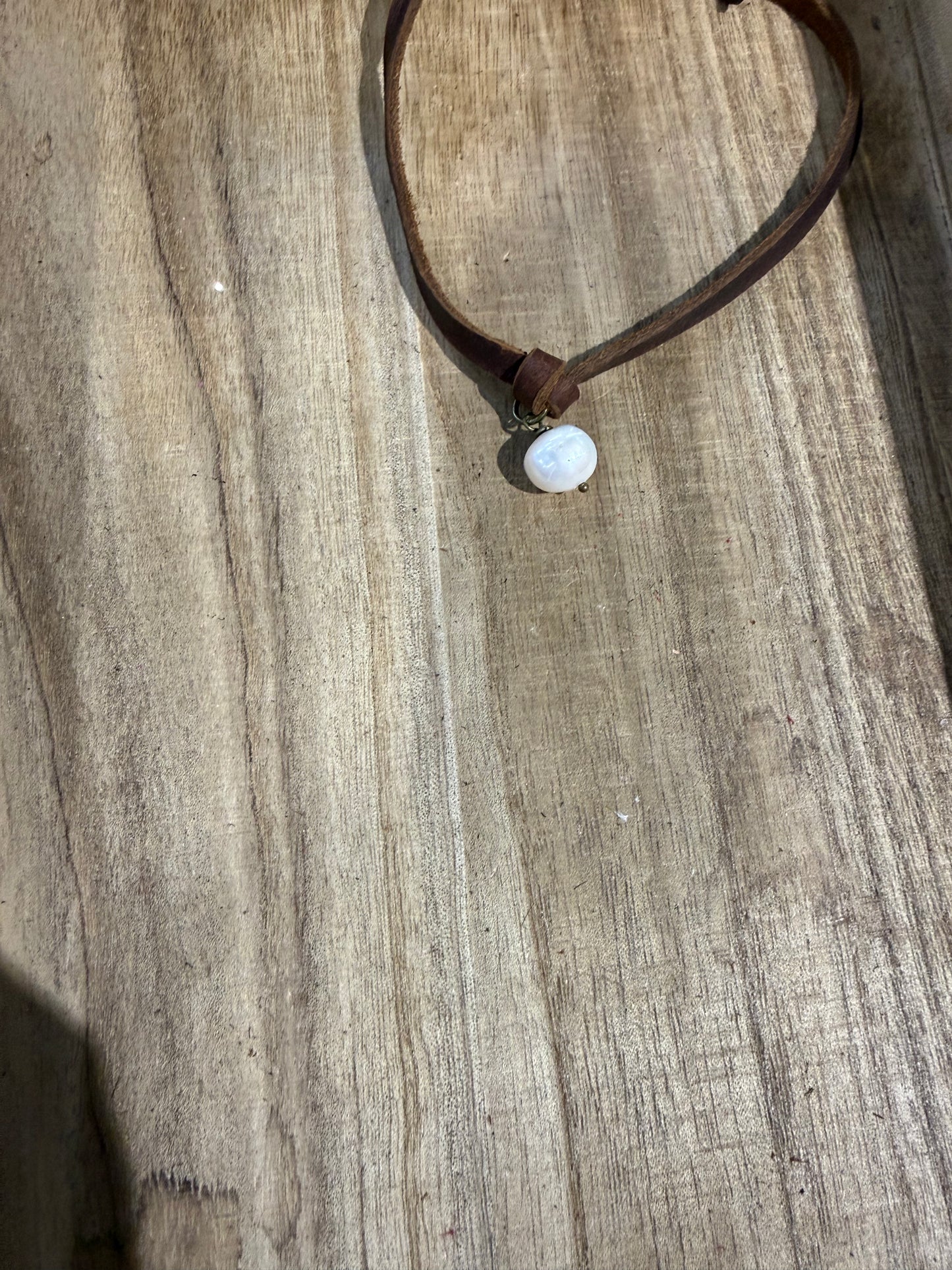 Brown Leather Pearl Choker