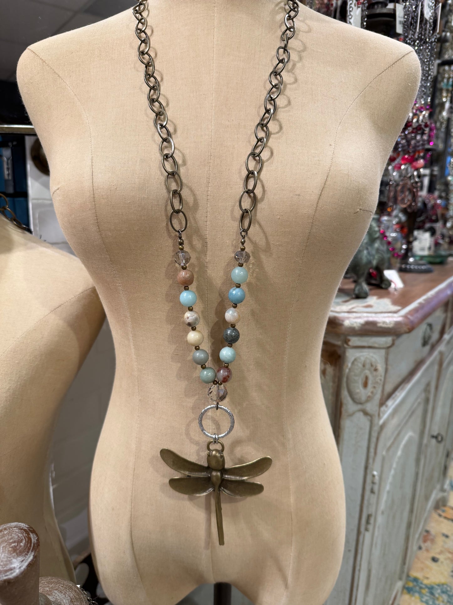 Blue Bead Dragon Fly Necklace
