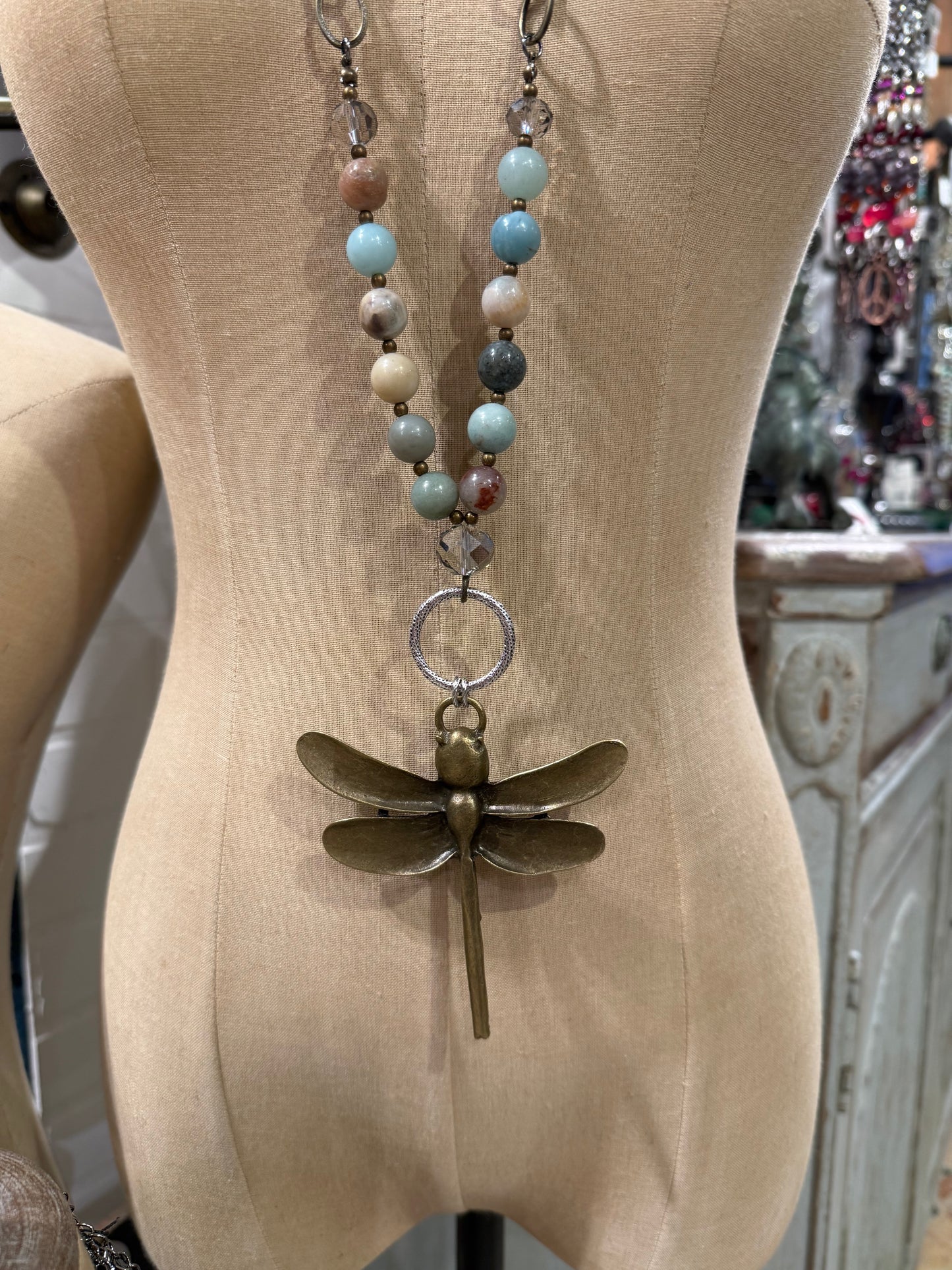 Blue Bead Dragon Fly Necklace