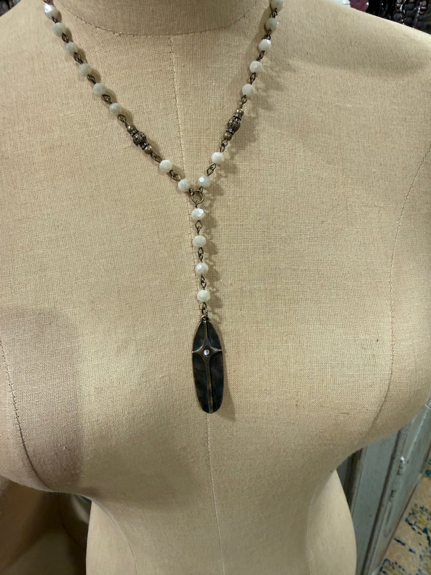 White Beaded Drop Necklace