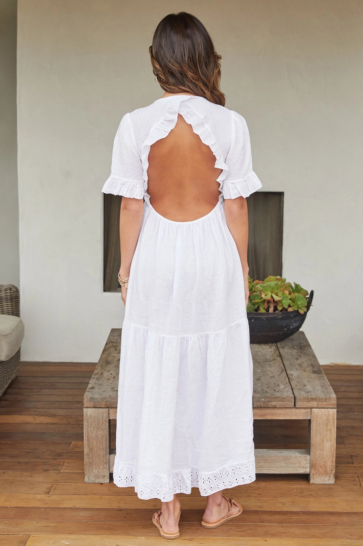 White Linen Open Back Tiered Dress