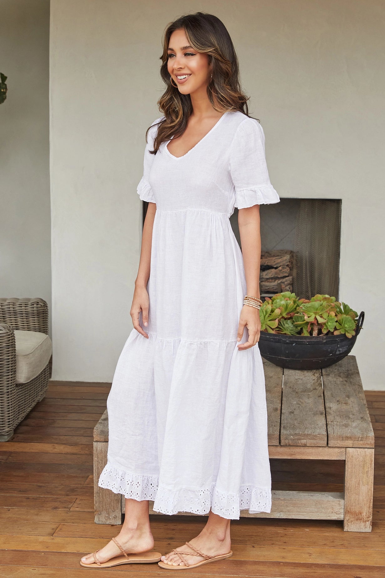 White Linen Open Back Tiered Dress