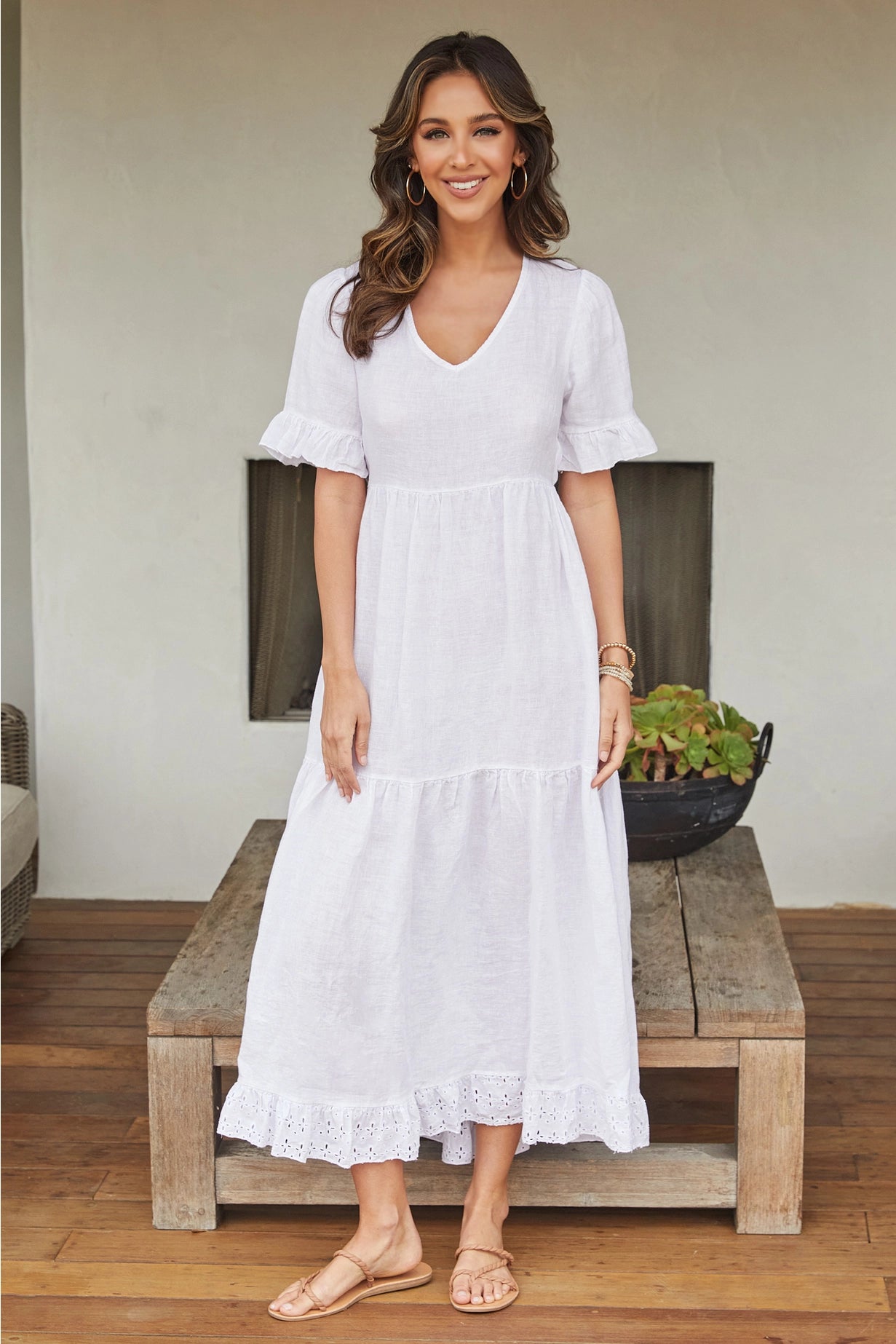 White Linen Open Back Tiered Dress