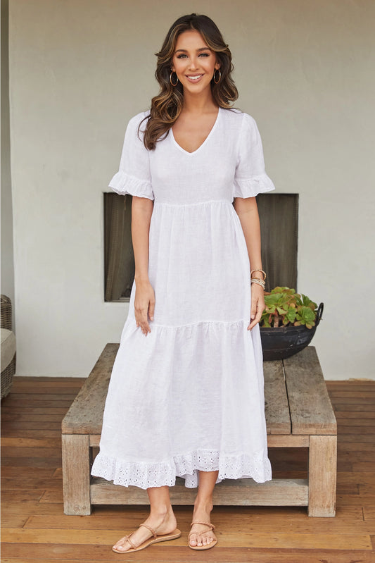 White Linen Open Back Tiered Dress