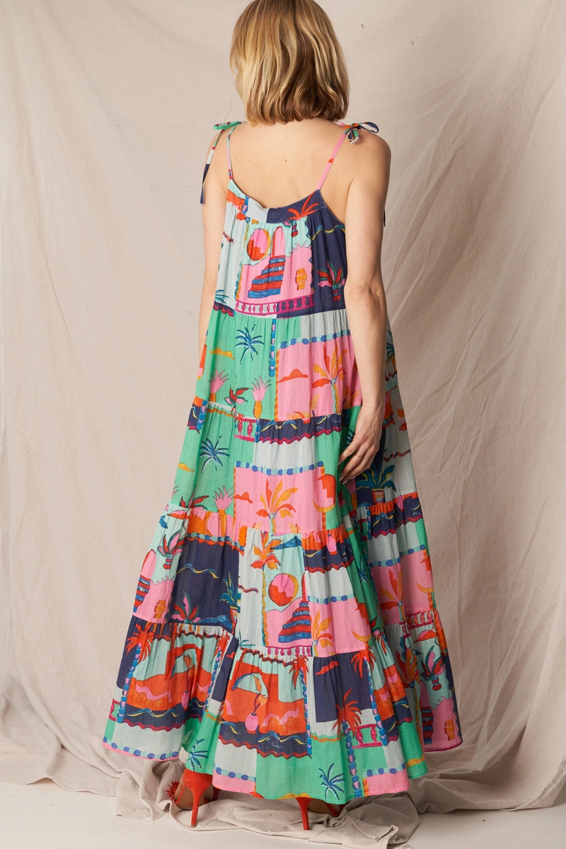 Vibrant Geometric Tropic Tiered Maxi Dress