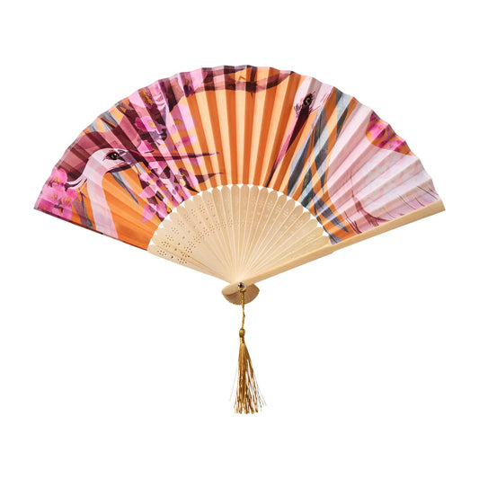 Satin Fan - Oriental Crane - Ochre