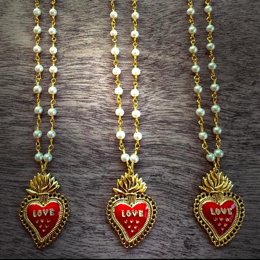 Red Sacred Flaming Heart Necklace