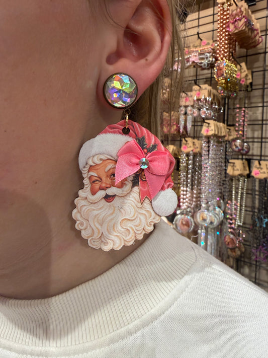 Pink Bow Santa Earrings