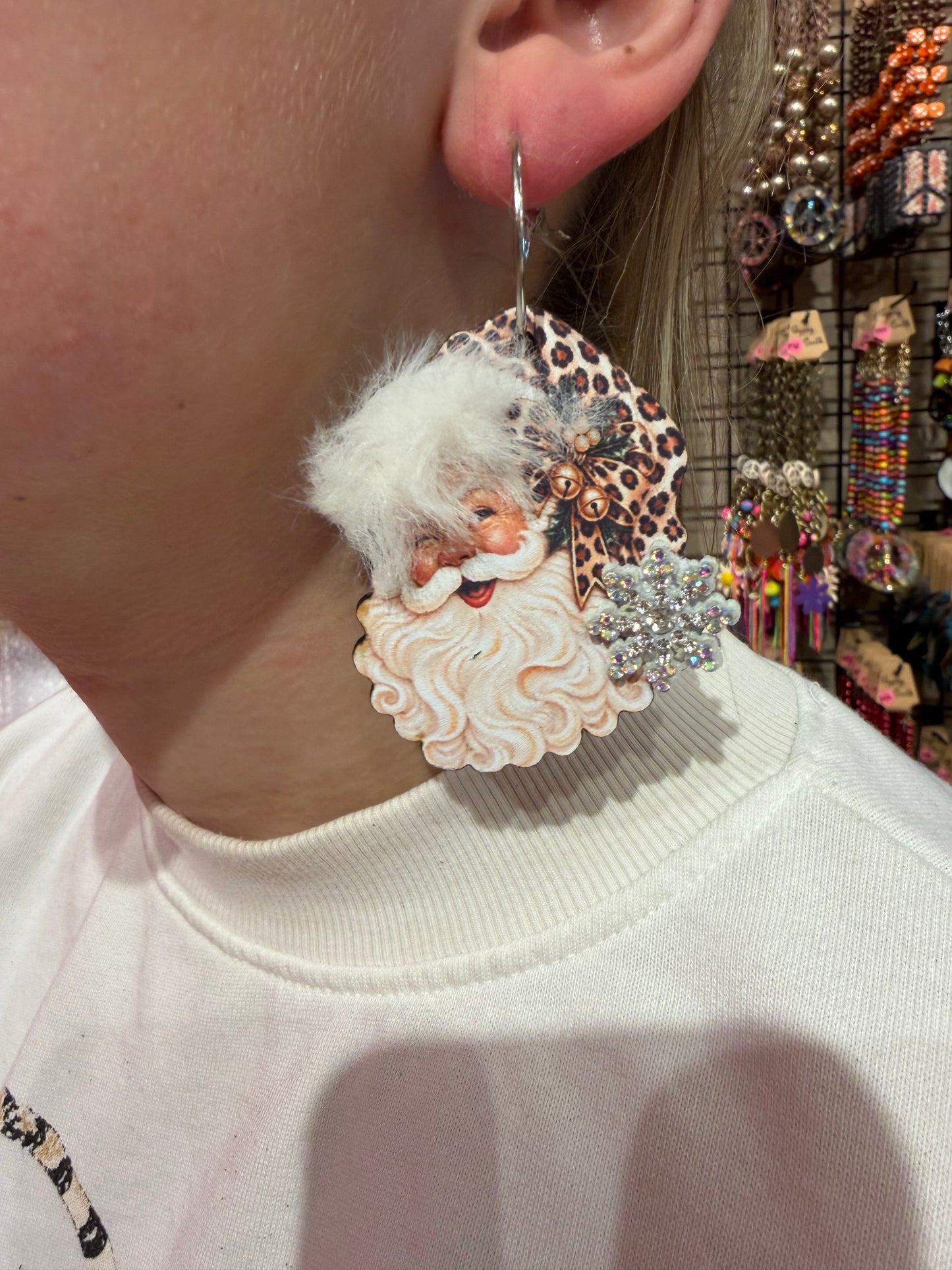 Leopard Fuzzy Santa Earrings