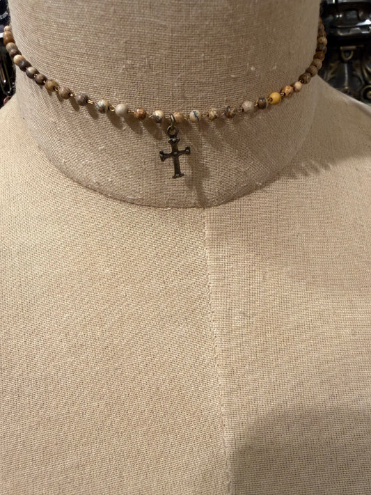 Mini Beaded Mixed Brown Cross Choker