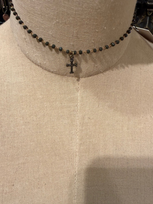 Mini Beaded Gray Cross Choker