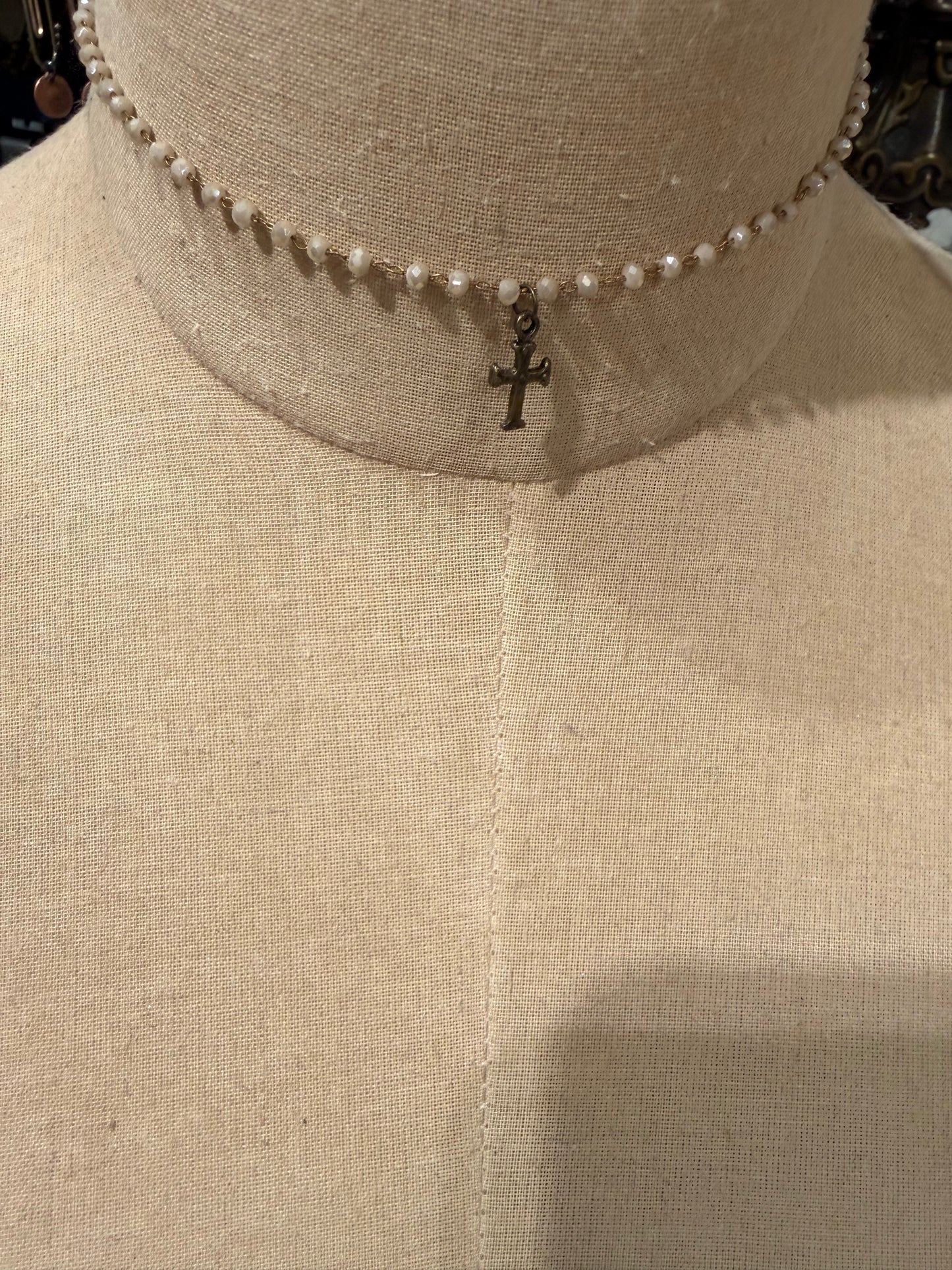 Mini Beaded Beige Cross Choker
