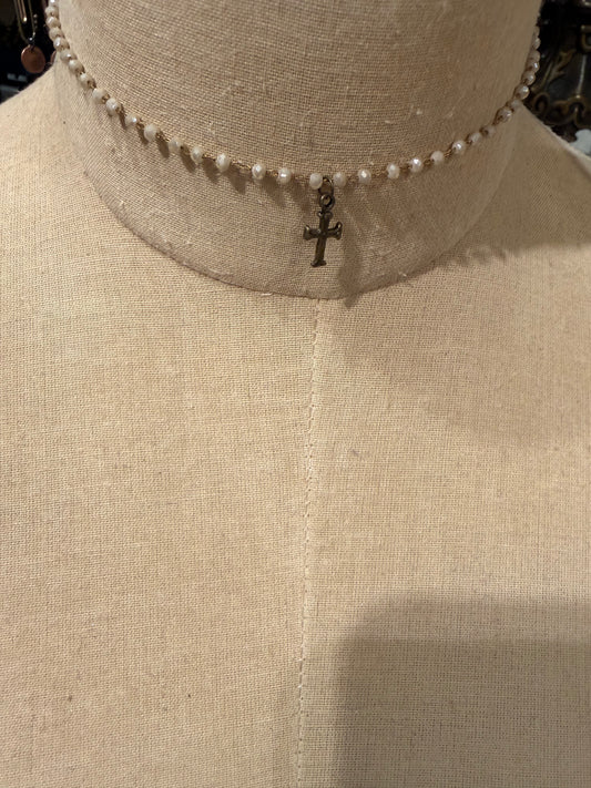 Mini Beaded Beige Cross Choker