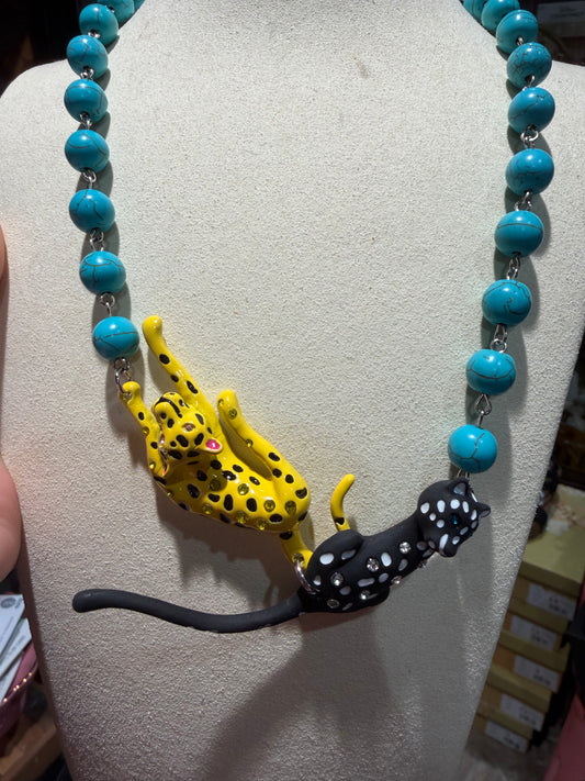 Blue Beaded Double Cat Necklace
