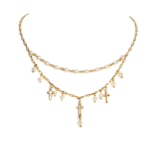 Cream and Pearl Esme Cross Necklace in Gold