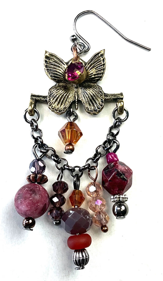 Butterfly with Dangles On Chain Mauve Rose Dangle Earrings