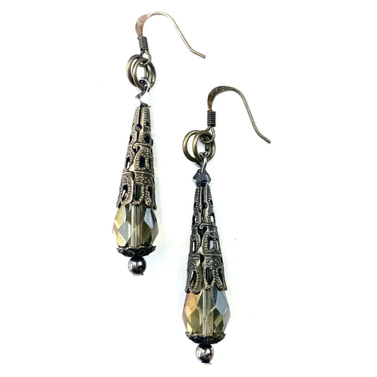 Glass Tear with Filigree Cap Dangle Earrings On Wire