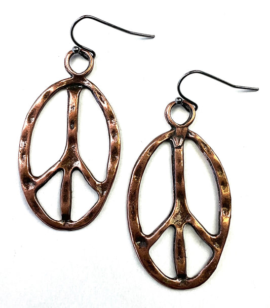 Oval Peace Sign On Wire Dangle Earrings