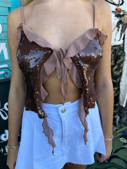 Sequin Butterfly Split Front Tie Camisole Top