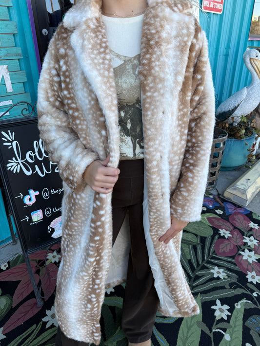 Deer Print Faux Fur Longline Maxi Coat