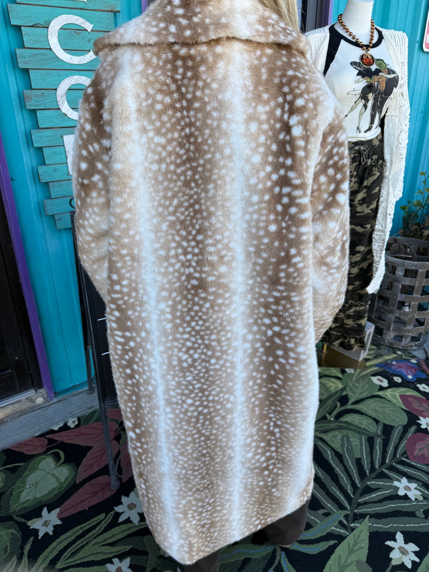 Deer Print Faux Fur Longline Maxi Coat