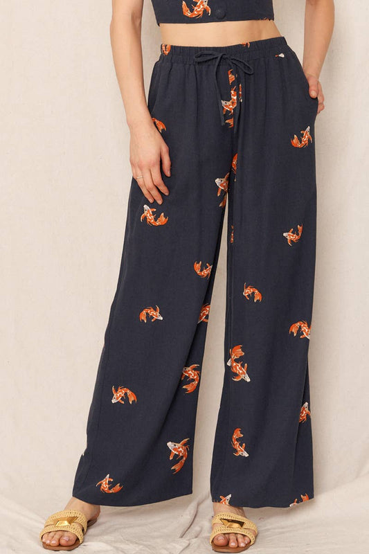 Koi Fish Print Wide Leg Pants