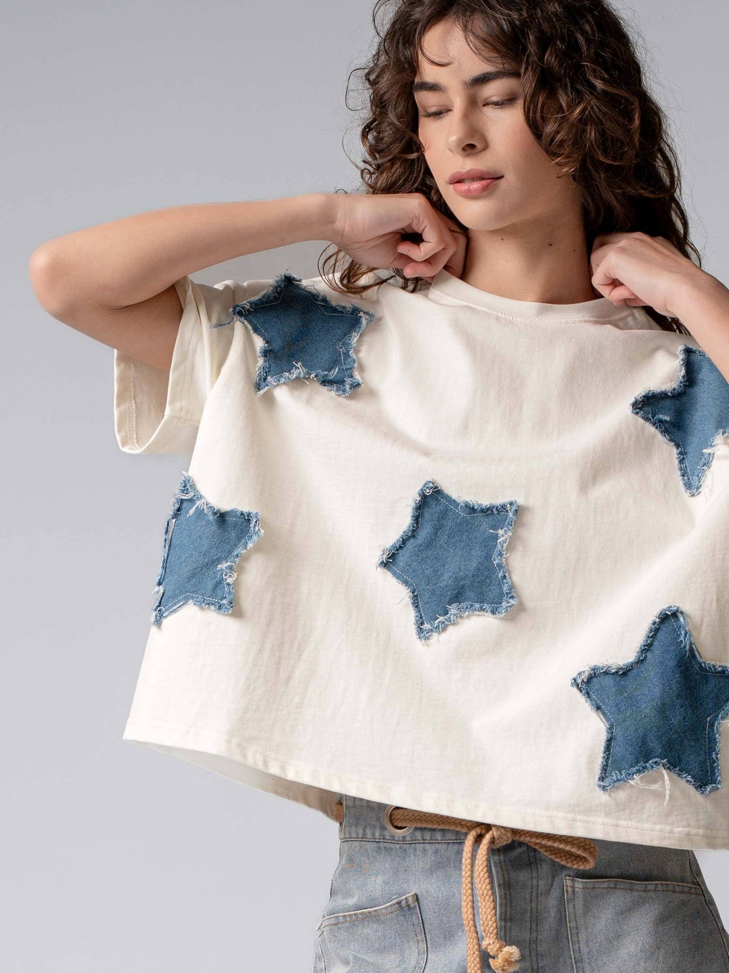 Distressed Denim Star Appliqué Cotton Tee