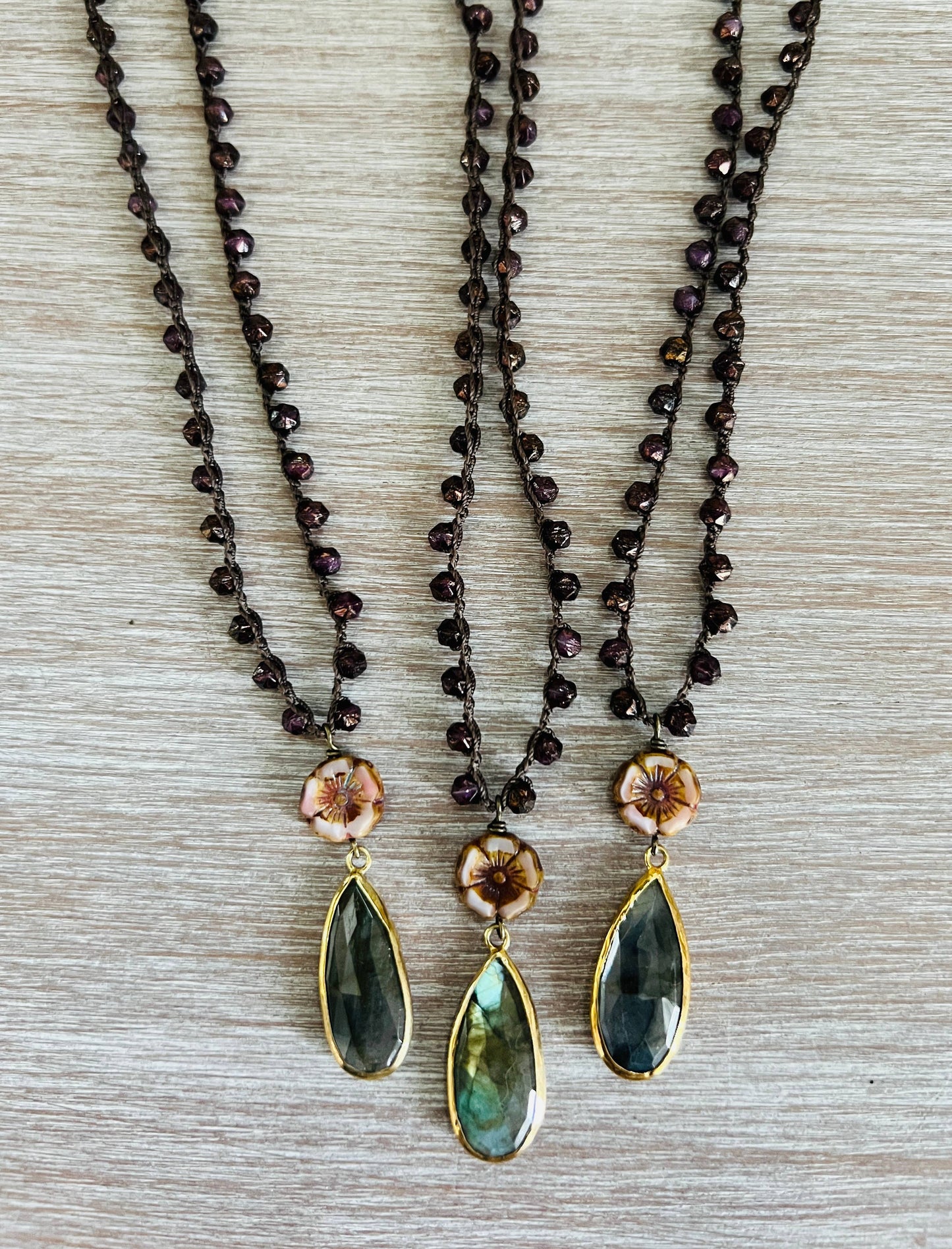 Faceted Labradorite Pendant Necklace With Wine Czech Crystal