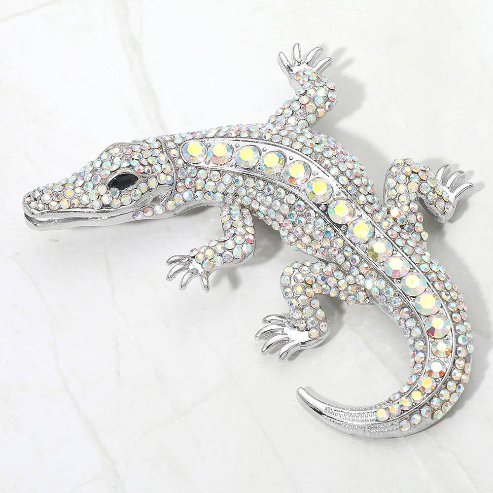 Bold Rhinestone Embellished Alligator Pin Brooch