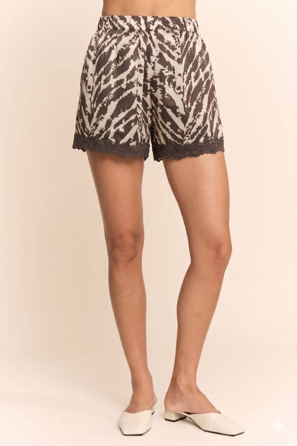 Printed Satin Lace Trim Shorts