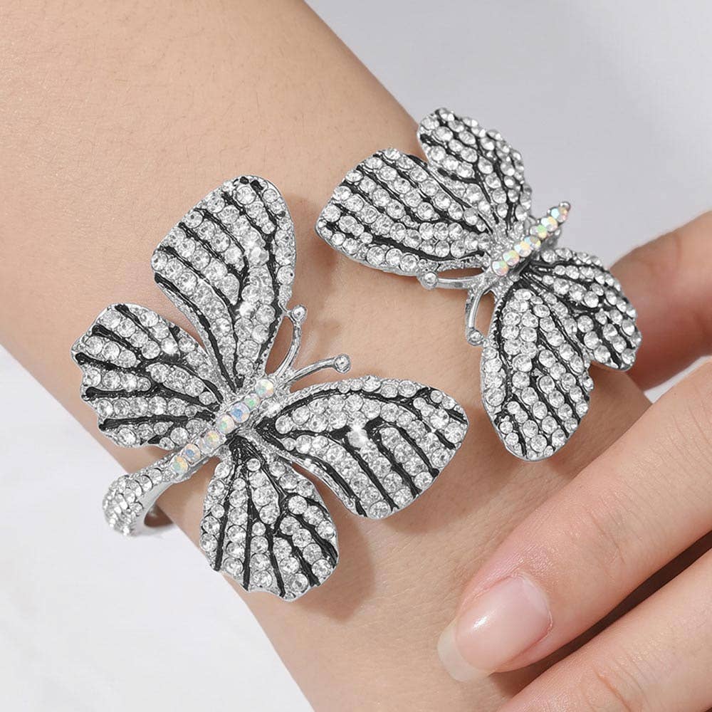 Rhinestone Embellished Double Butterfly Hinged Bangle Bracelet