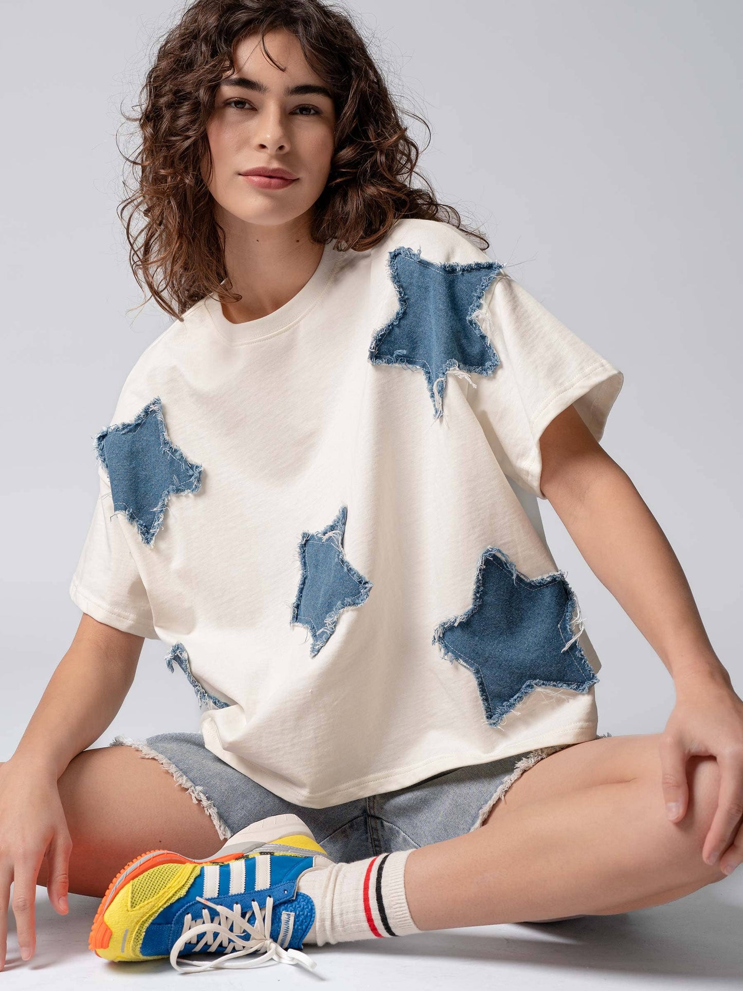 Distressed Denim Star Appliqué Cotton Tee