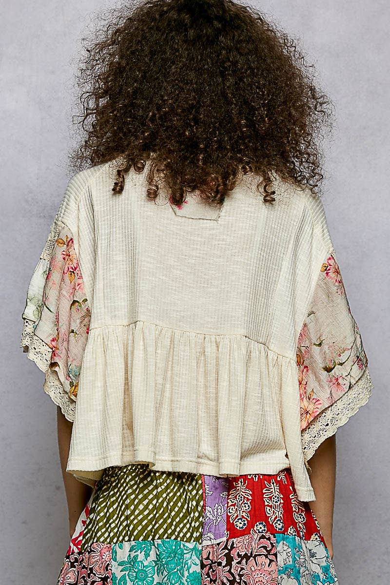 Rib Floral Pattern Round Neck Short Sleeve Top