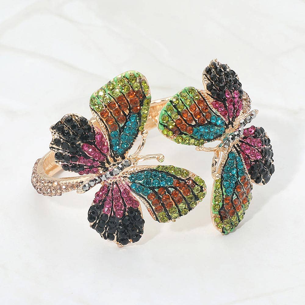 Rhinestone Embellished Double Butterfly Hinged Bangle Bracelet