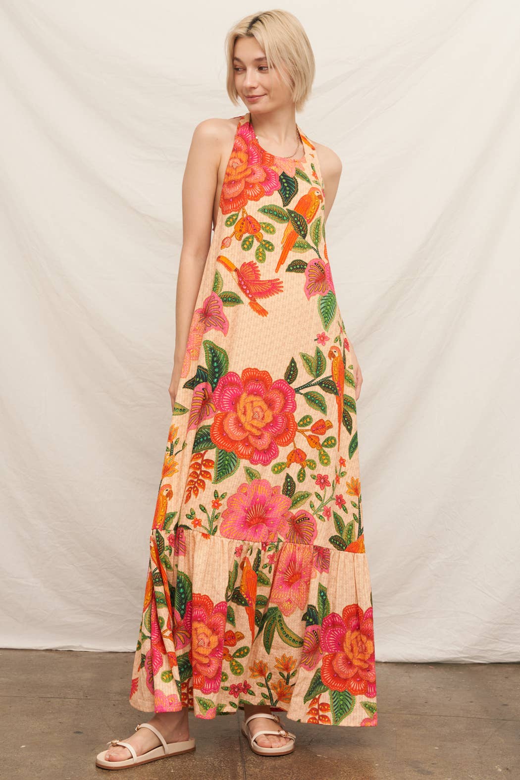 Textured Tropical Print Halter Neck Maxi Dress
