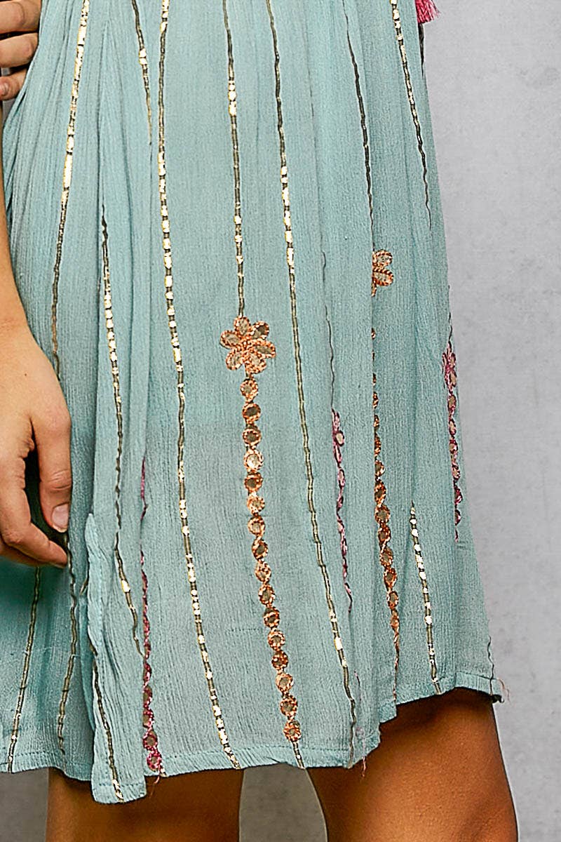 Boho Smocking Mirror Embroidery V-Neck Sleeveless Dress