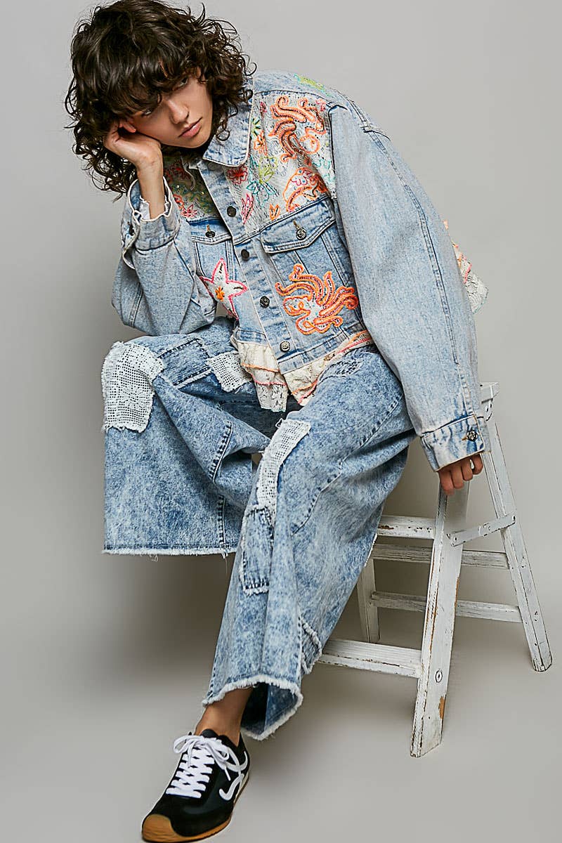 Statement Floral Embroidered Cropped Lace Trim Denim Jacket