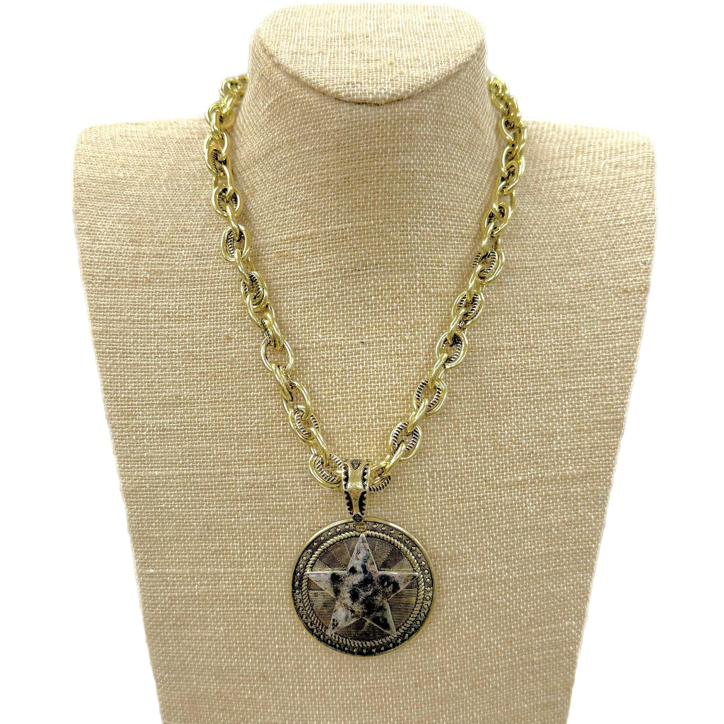 Two Tone Star Coin Pendant on Gold Chain Necklace