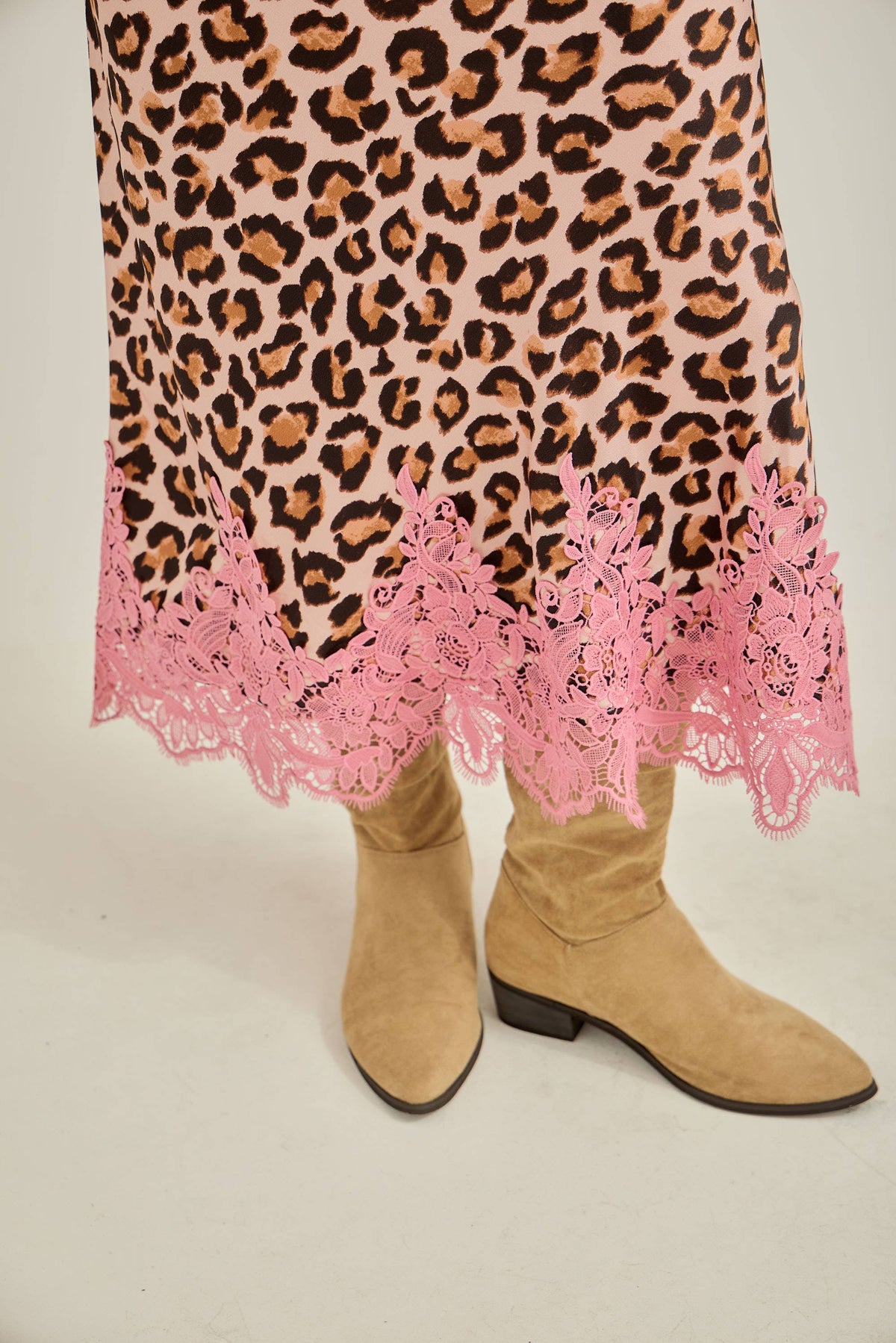 Leopard with lace hem fit & flare bias maxi skirt