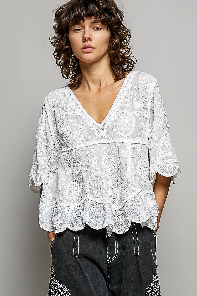 Short Sleeve V-neck Vintage Washing Solid Crochet Top