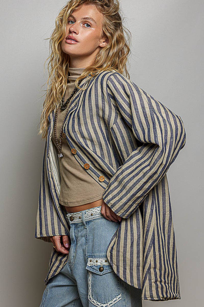 Stripe Pattern Asymmetrical Hem Lapel Style Woven Jacket