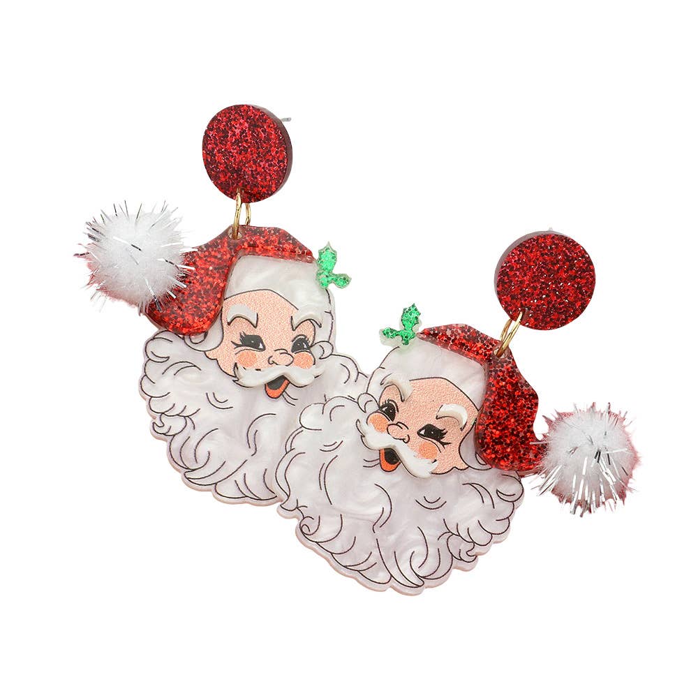 Glittered Resin Pom Santa Dangle Earrings