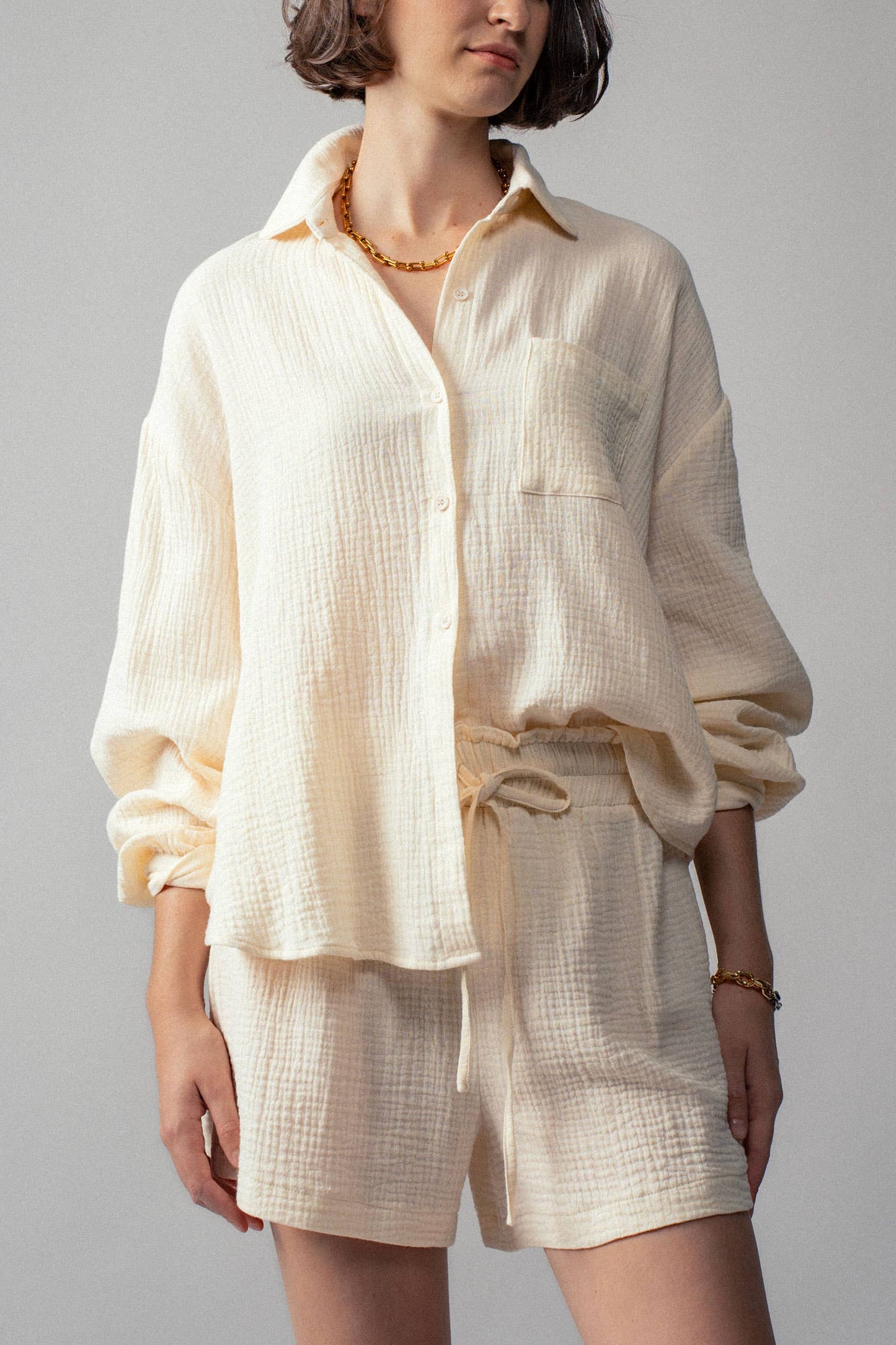 Cream Crinkle Cotton Gauze Resort Button-Up Set