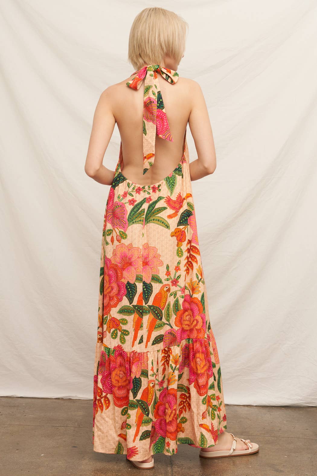 Textured Tropical Print Halter Neck Maxi Dress