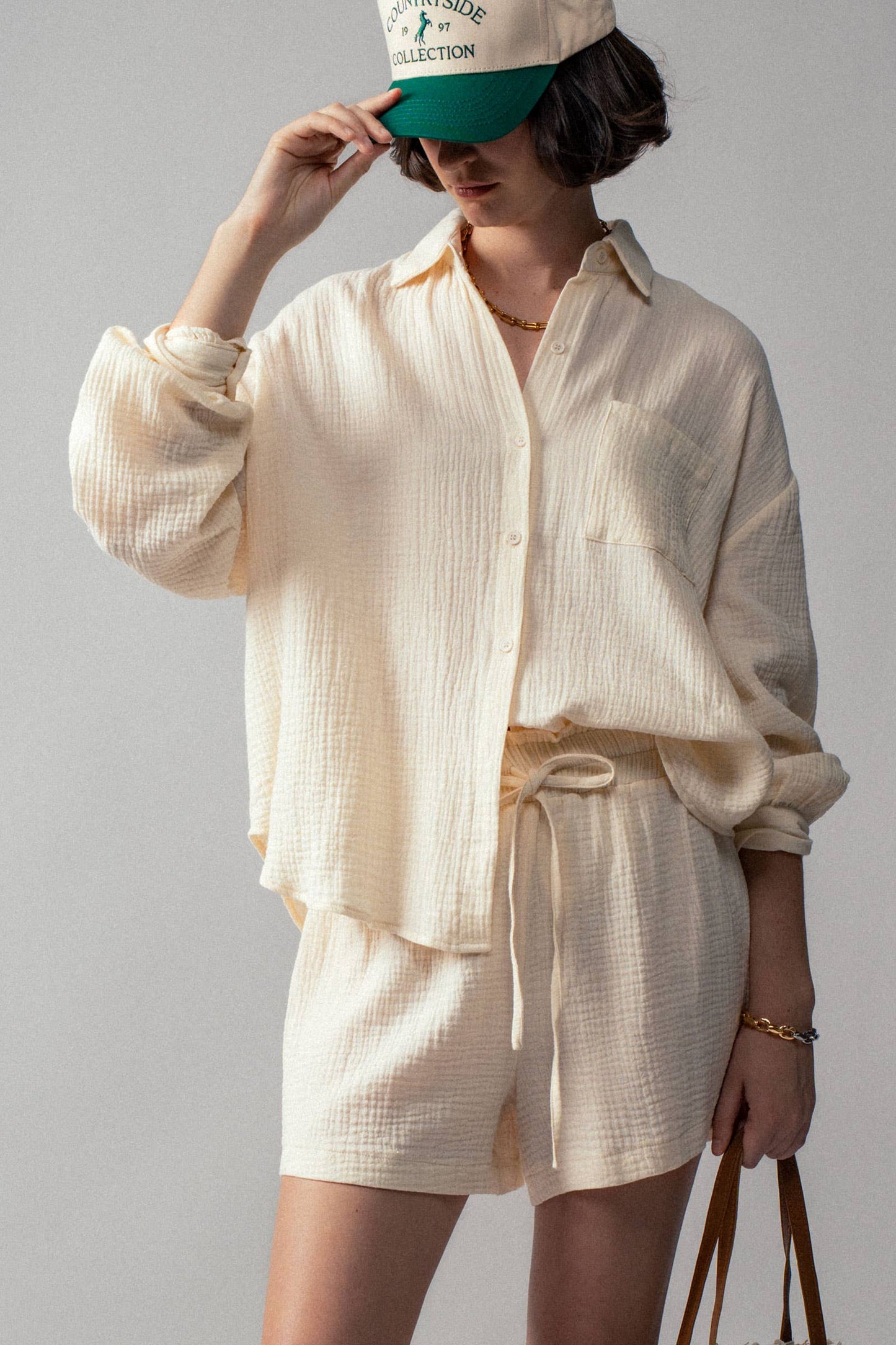 Cream Crinkle Cotton Gauze Resort Button-Up Set